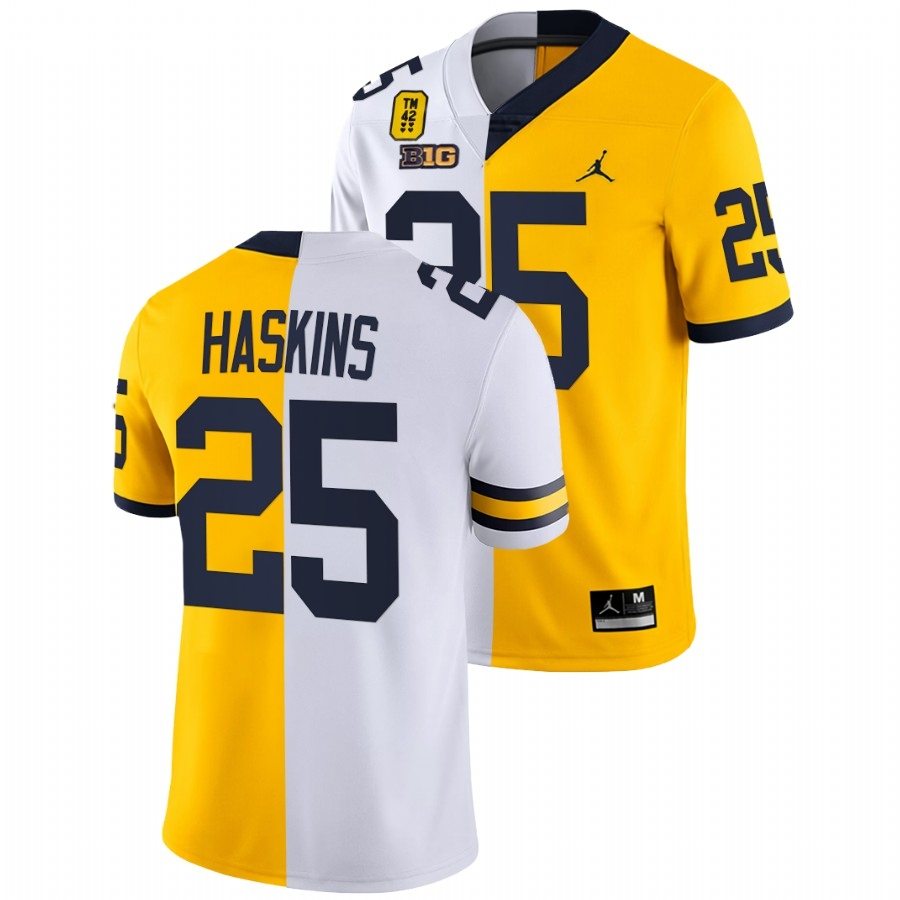 Michigan Wolverines Men's NCAA Hassan Haskins #25 White Maize Split Limited Edition TM 42 Patch College Football Jersey HGK7449IV